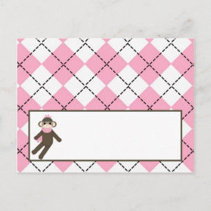Schrijfbare Place Card Pink Argyle Sock Monkey Briefkaart