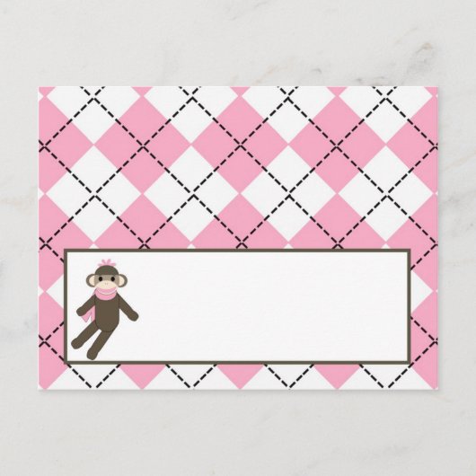 Schrijfbare Place Card Pink Argyle Sock Monkey Briefkaart (Voorkant)