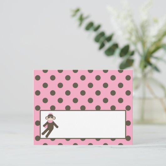 Schrijfbare Place Card Pink Sock Monkey Briefkaart (Staand voorkant)