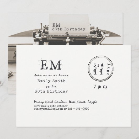 Schrijfmachine Lettertype Verjaardag (ELK) Uitnodi Kaart (Voorkant / Achterkant)