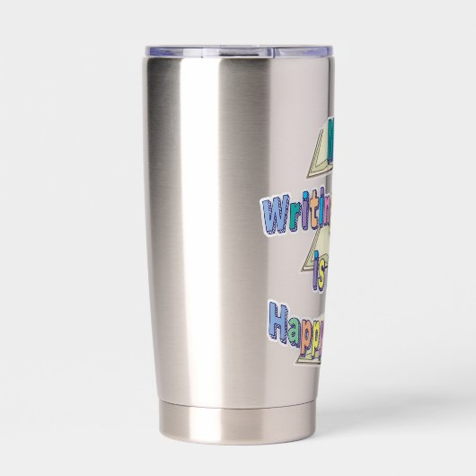 Schrijfplaats is een vrolijke ruimte boekenachtige geïsoleerde drinkbeker (Voorkant)