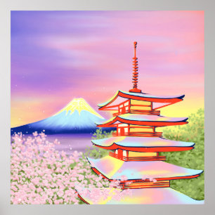 Schrijn van de pagode met de heer Fuji en Sakura i Poster