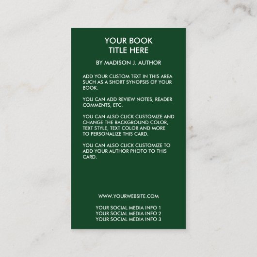 Schrijver Auteur Boek Hoesje Groen of Kies Kleur Visitekaartje (Achterkant)