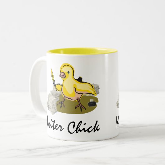 Schrijver Chick met papier, doezelaar en inkt Tweekleurige Koffiemok (Voorkant links)