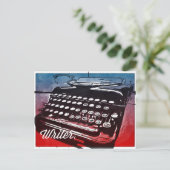 Schrijver met blauwrode Pop voor schrijfmachine Briefkaart (Staand voorkant)