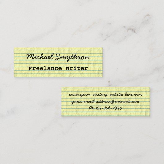 Schrijvertekenaar handgeschreven op geel gelinkt p mini visitekaartje (Voorkant / Achterkant)