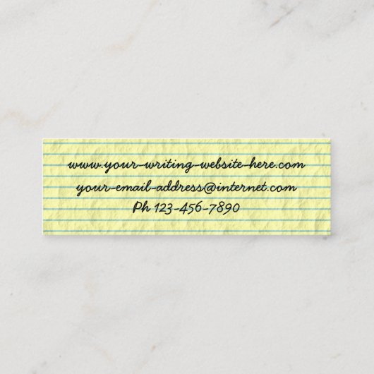 Schrijvertekenaar handgeschreven op geel gelinkt p mini visitekaartje (Achterkant)