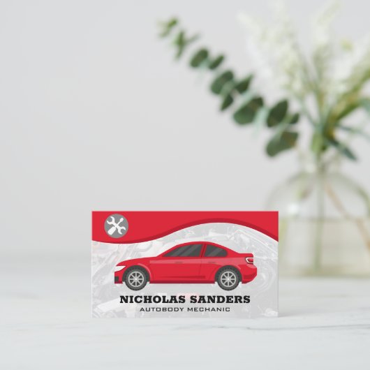 Schroevendraaier en moersleutel | rode auto visitekaartje (Staand voorkant)