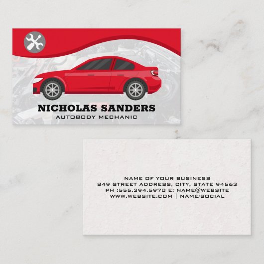 Schroevendraaier en moersleutel | rode auto visitekaartje (Voorkant / Achterkant)
