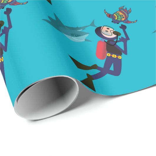 SCHUBA DIVER SWIMMING MET SHARKS EN TURTLE WRAPPI CADEAUPAPIER (Rol Hoek)