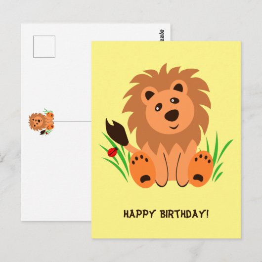 Schudde leeuw in het gras met ladybug briefkaart (Voorkant / Achterkant)