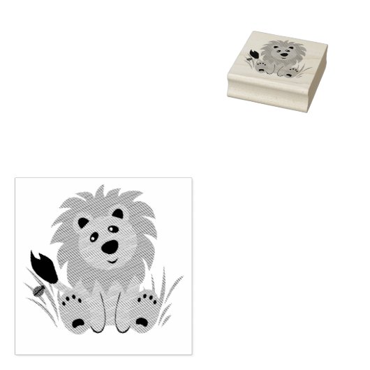 Schudde leeuw in het gras met ladybug rubberstempel (Gestempeld)