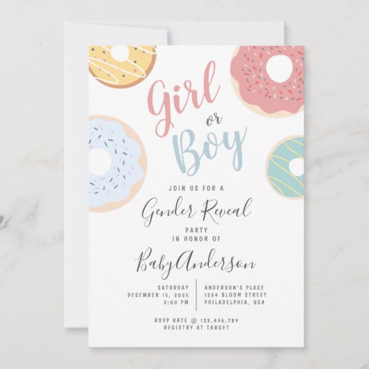 Schuddeeg Donuts Girl of Boy Gender onthulling Kaart (Voorkant)
