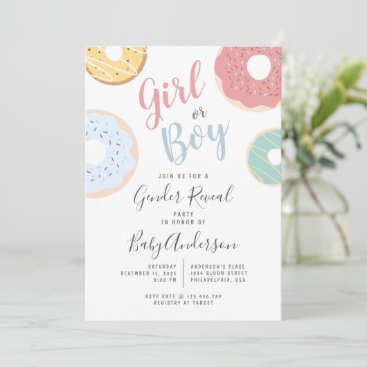 Schuddeeg Donuts Girl of Boy Gender onthulling Kaart (Staand voorkant)