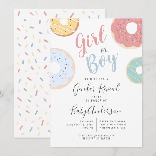 Schuddeeg Donuts Girl of Boy Gender onthulling Kaart (Voorkant / Achterkant)