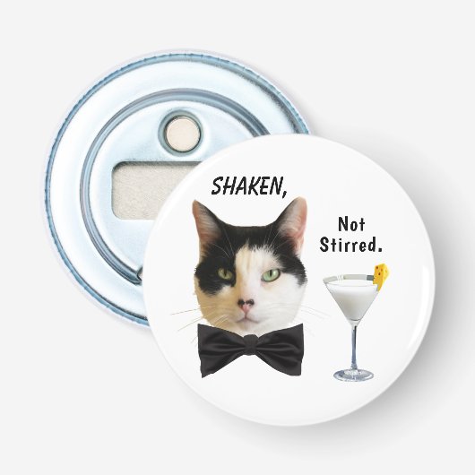 "Schudden, niet geroerd" witte opening voor flesje Button Flesopener (Voorkant)