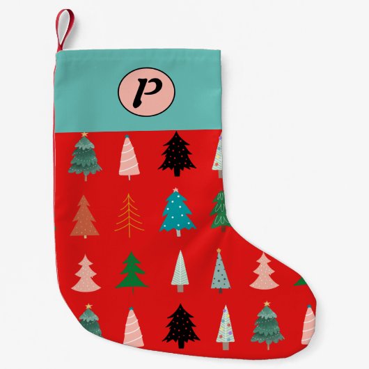 Schudpatroon monogrammen rode kleurrijke bomen bla kleine kerstsok (Voorkant)