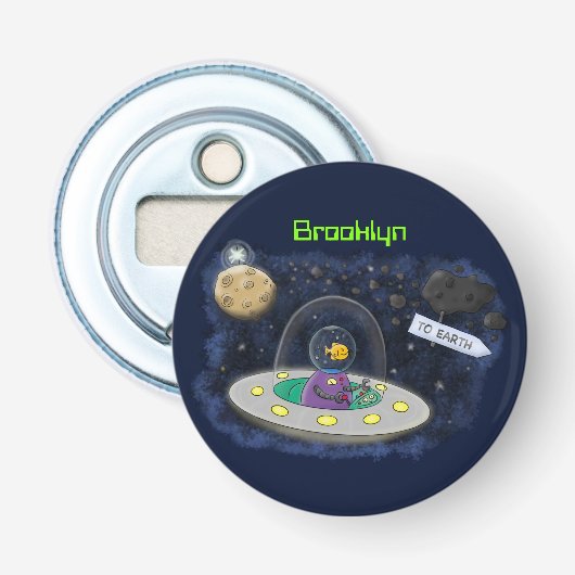Schudvis uit de cartoon van de ruimte button flesopener (Voorkant)
