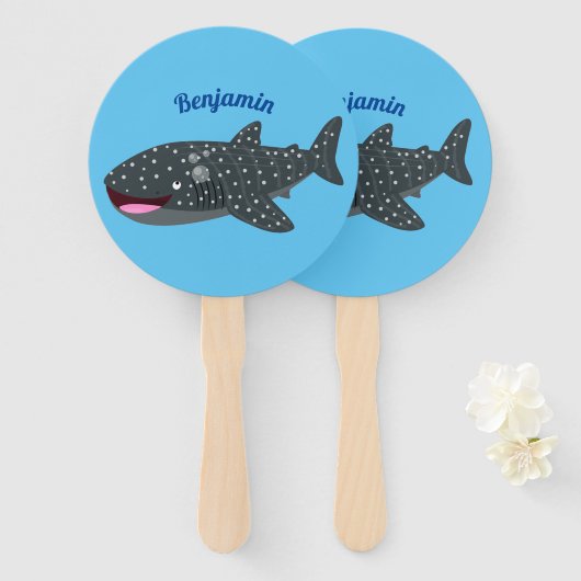 Schudwalvishaai blij met cartoon illustratie handwaaier (Voorkant en achterkant)