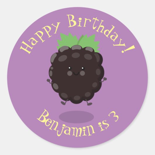 Schuif de paarse cartoon van de braam. ronde sticker (Voorkant)