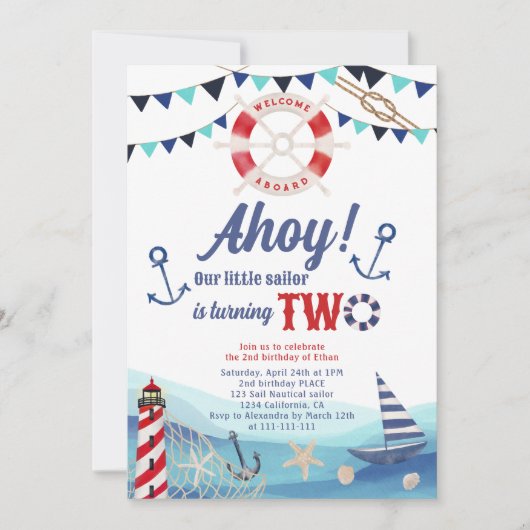 Schuif- en zeeschip blauw rood, tweede verjaardag kaart (Voorkant)