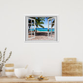 Schuif het raam met palmbomen op het Uitzicht van  Poster (Keuken)