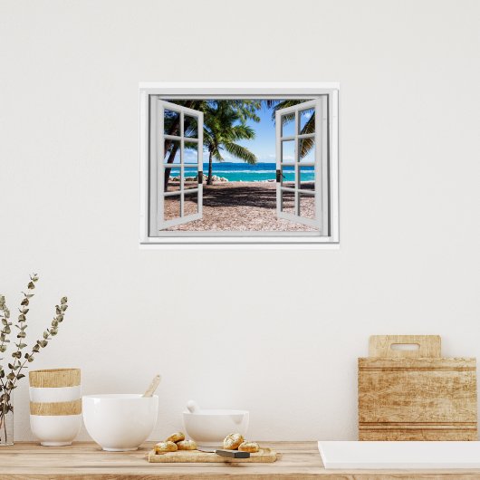 Schuif het raam met palmbomen op het Uitzicht van  Poster (Keuken)