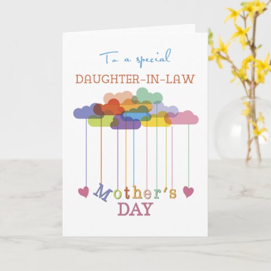 Schuif in de wet, Cute Moederdag Rainbow Clouds Kaart (Gele Bloem)