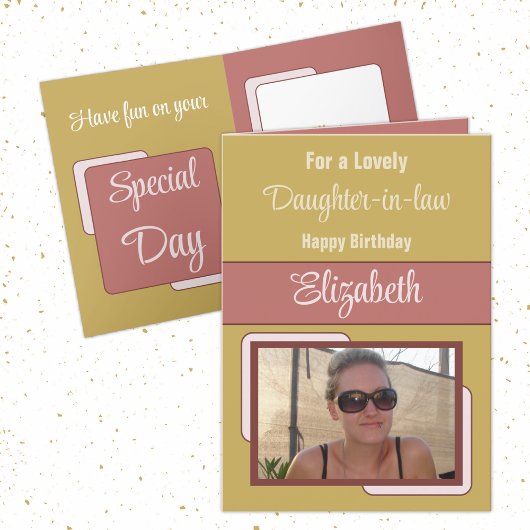 Schuif-in-law voeg naamfoto gouden roze verjaardag kaart