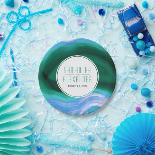 Schuif met groene en blauwe kieuw en lijst bruilof papieren bordje (Feest)