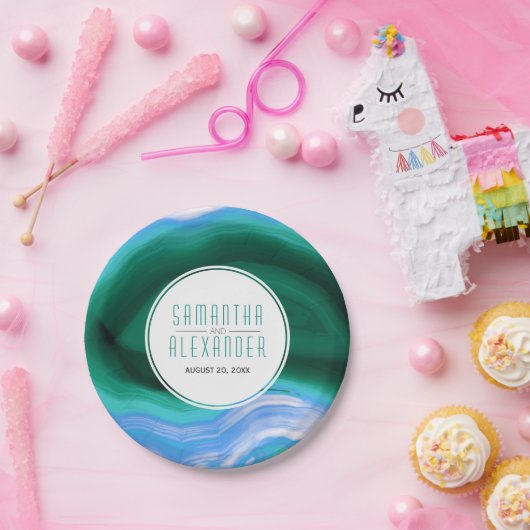 Schuif met groene en blauwe kieuw en lijst bruilof papieren bordje (Feest)