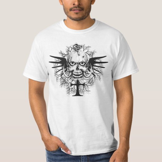 Schuif met Roos, hoorns, kruis, vleugelillustratie T-shirt (Voorkant)
