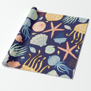 Schuif naadloos met kwallen, schelpen, vis cadeaupapier