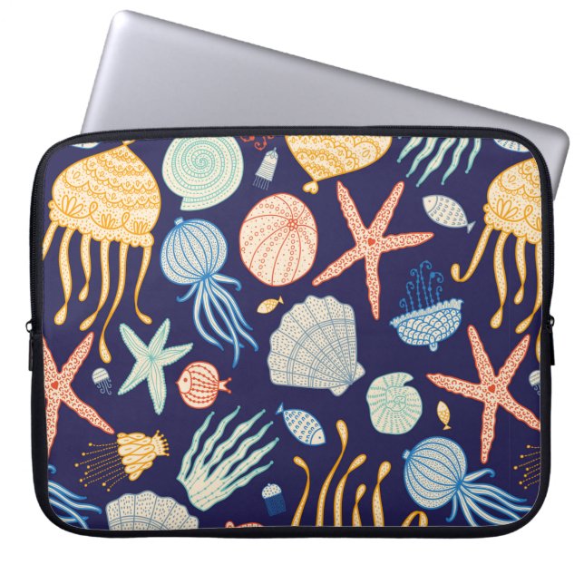 Schuif naadloos met kwallen, schelpen, vis laptop sleeve (Voorkant)