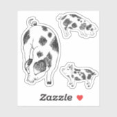 Schuif zwart-wit handgetrokken varken met koe vlek sticker (Vel)
