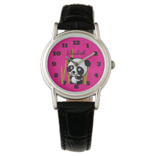 Schuif zwart-wit panda-beer in een bamboegroef. horloge