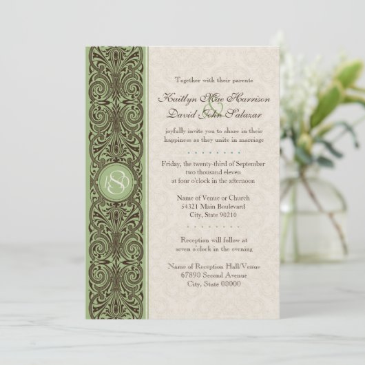 Schuifrand monogram (bruin, grijs en crème) kaart (Staand voorkant)