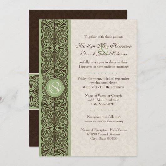 Schuifrand monogram (bruin, grijs en crème) kaart (Voorkant / Achterkant)