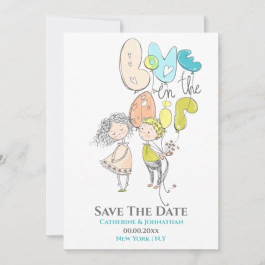 Schuilkoppige illustratie liefde in luchtwater ora save the date (Voorkant)