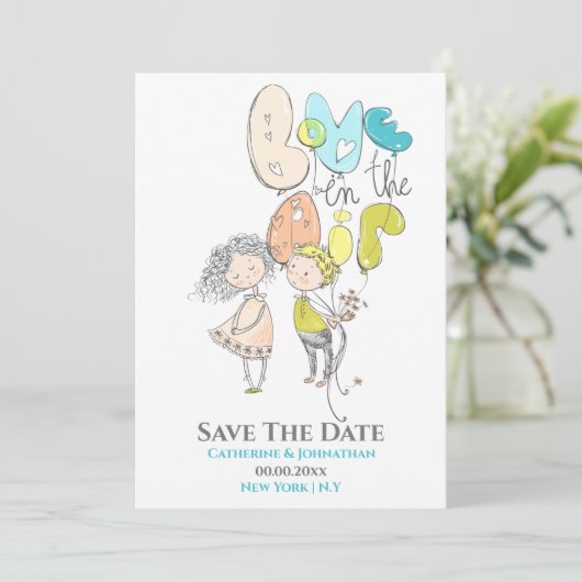 Schuilkoppige illustratie liefde in luchtwater ora save the date (Staand voorkant)