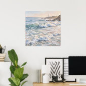 Schuimende Oceaankust - Pastel Schilderstijl Poster (Thuiskantoor)