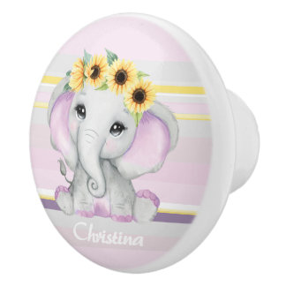 Schuine baby olifant meisje met zonnebloemen roze keramische knop