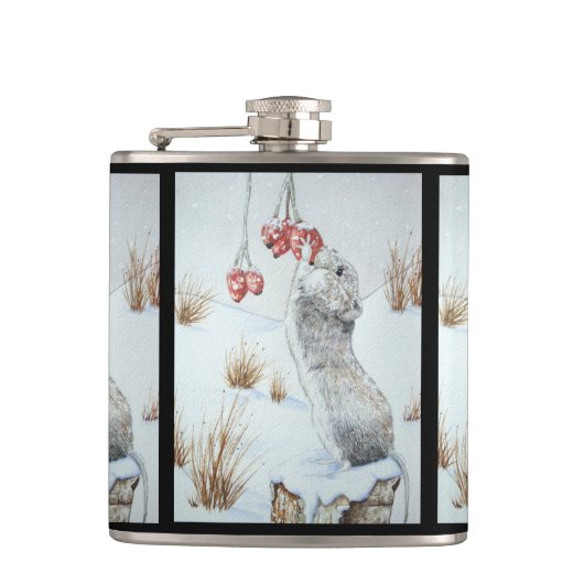 Schuine muis en rode bessen sneeuwen heupfles (Voorkant)