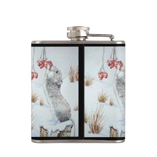 Schuine muis en rode bessen sneeuwen heupfles (Achterkant)