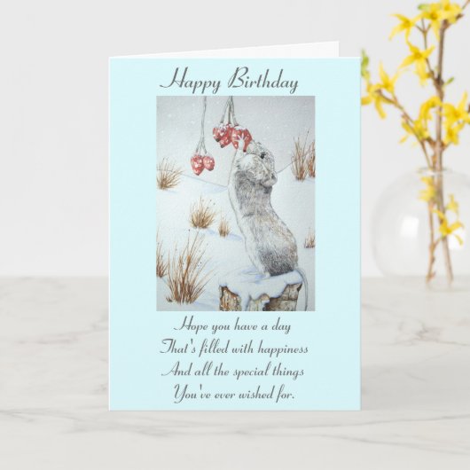 Schuine muis en rode bessen sneeuwen kaart (Gele Bloem)