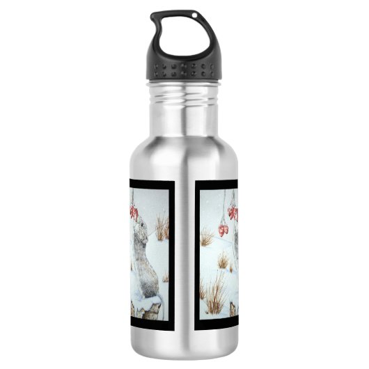 Schuine muis en rode bessen sneeuwen waterfles (Achterkant)