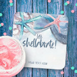 Schuine verpakking | Waterverf strand Starfish Sea Kartonnen Onderzetters<br><div class="desc">Met een "let's shellabrate"-onderschrift in leistblauw handschrift en een extra tekstlijn die kan worden gepersonaliseerd,  beschikt de waterverf van zeesterren met een "let's shellabrate"-onderschrift. Art door KL Stock</div>