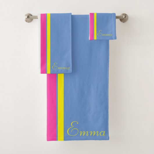Schuingedrukt Blauw Geel En Heet Roze Gestreepte  Bad Handdoek (Insitu)