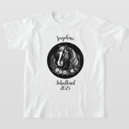 Schulkind 2026 - Pferd mit Blumen - schwarz weiß | T-shirt