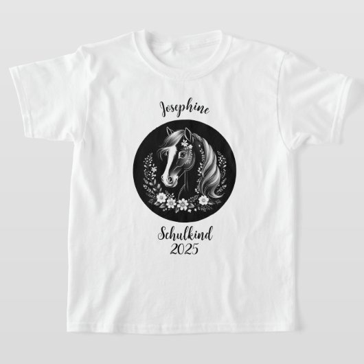 Schulkind 2026 - Pferd mit Blumen - schwarz weiß | T-shirt (Laagn)